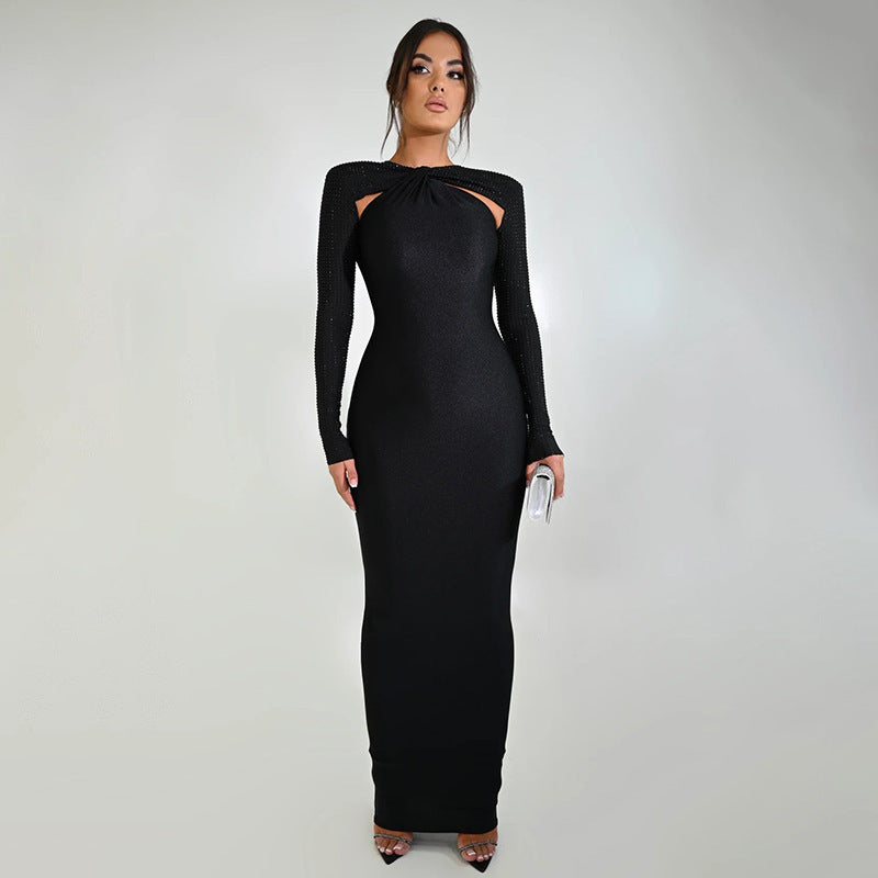 Autumn Sexy Tight Fitting Hollow Beaded Long Sleeve Patchwork Dress 5