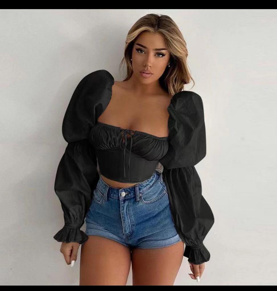 Spring-Summer Women's White Long-Sleeve Chest-Tie Low-Back Sexy Crop Top 3