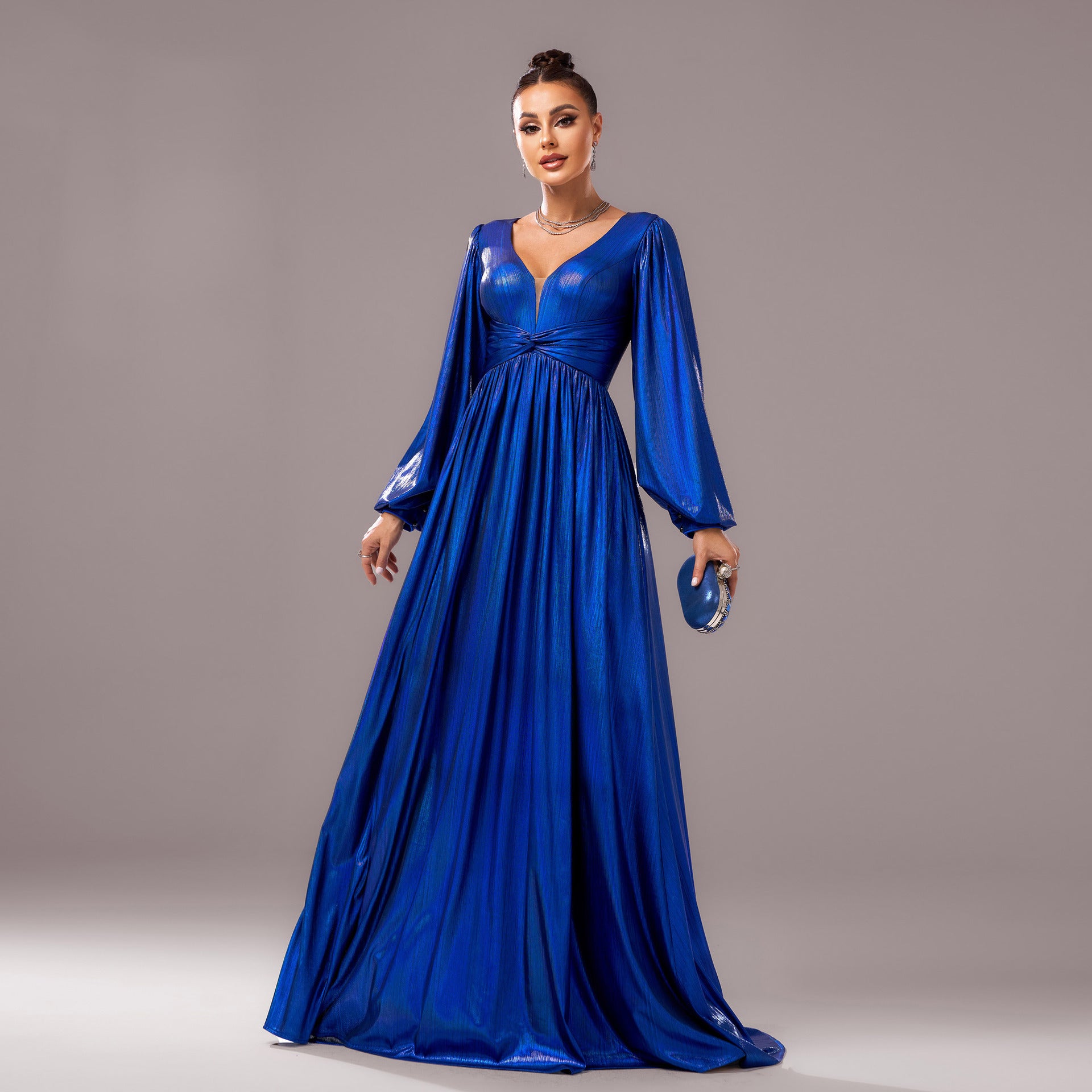 Women long-sleeved V-neck Formal Party Shiny evening dress 3