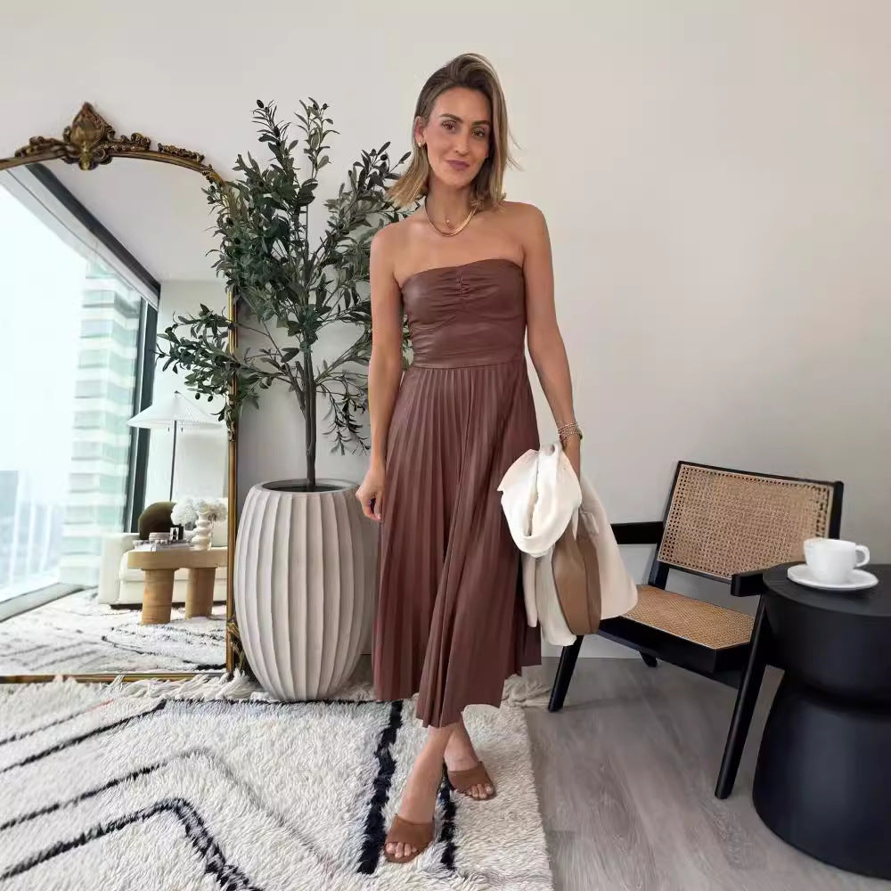 Spring and autumn strapless Casual loose pleated leather dress
