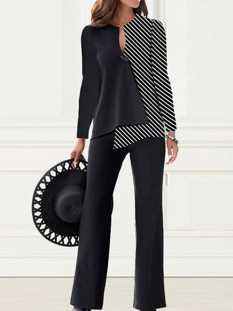 Women's autumn fashion loose elegant long sleeve color matching two piece pants set 4