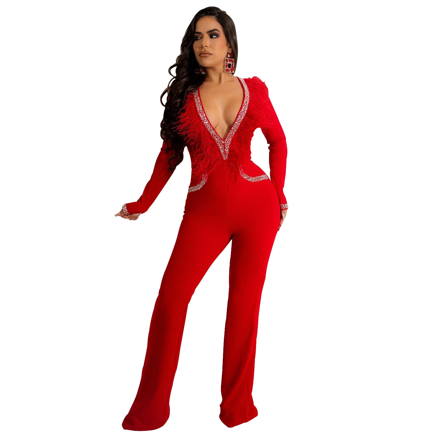Women'S Fashion Feather Patchwork Beaded V-Neck Long Sleeve One Peice Trousers Sexy Ladies Jumpsuit 4