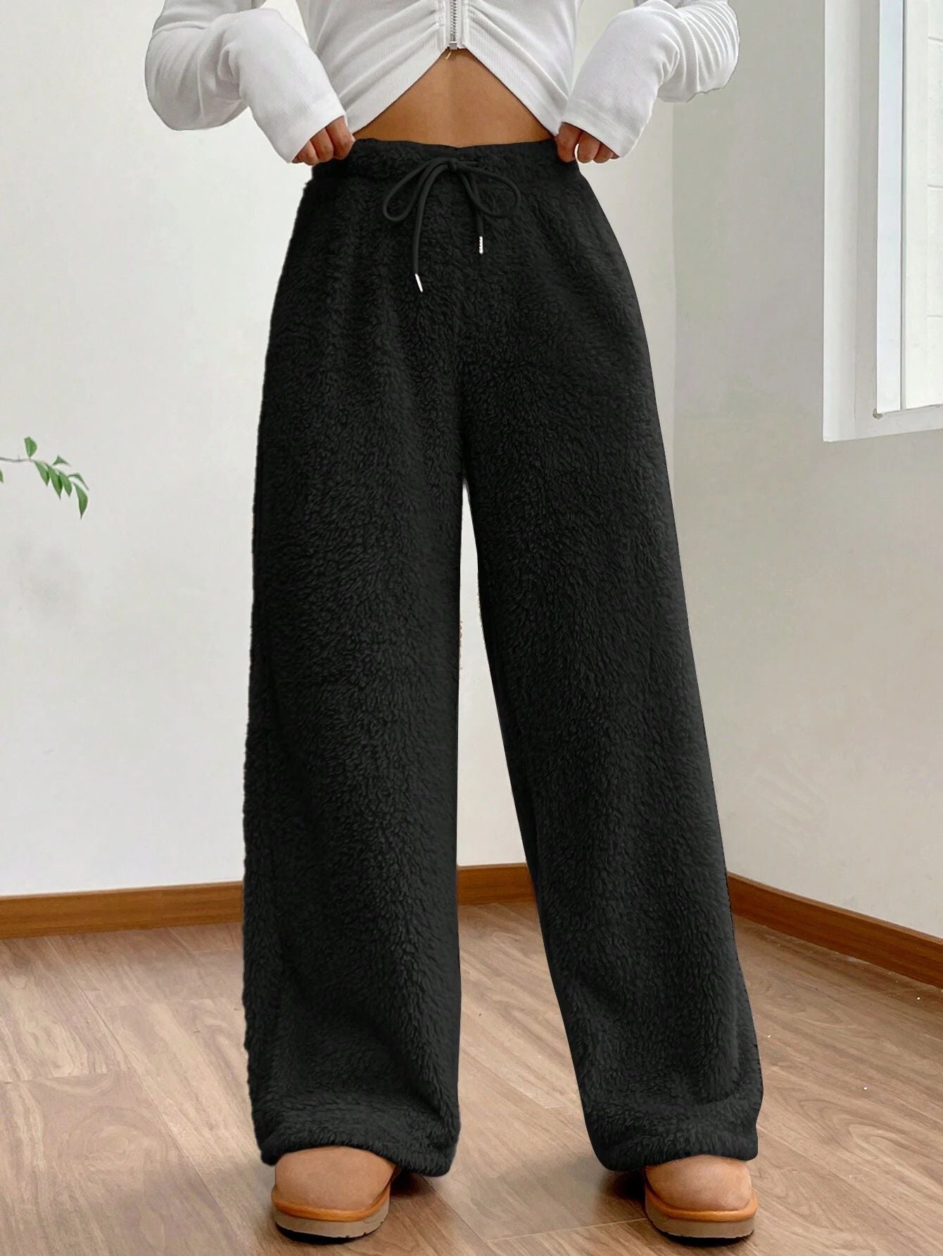 Women Fall and Winter Solid Casual Fleece Pants