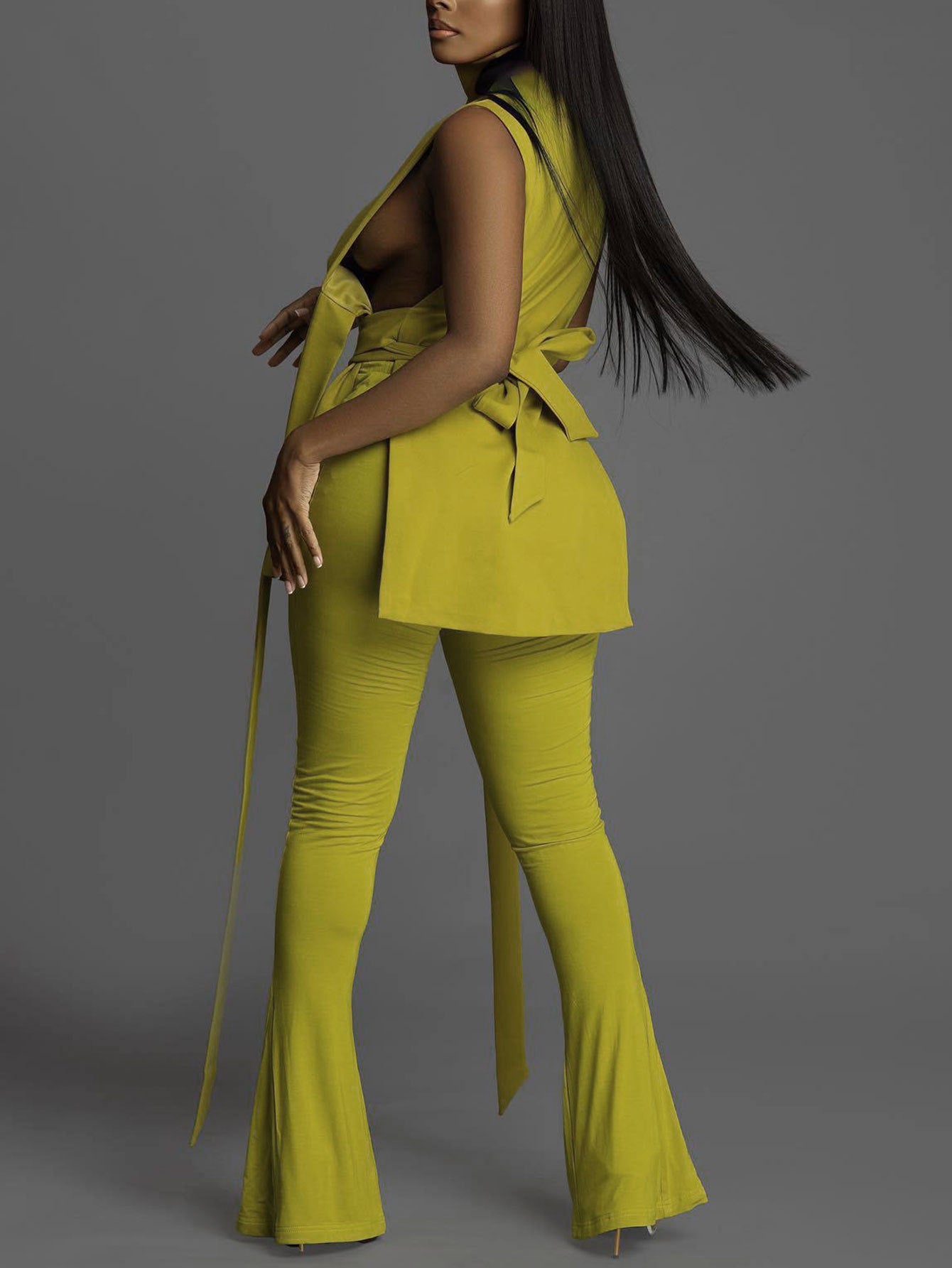 Women's Sexy Belt High Waist Bell Bottom Pants V-Neck Sleeveless Top Two Piece Set 8