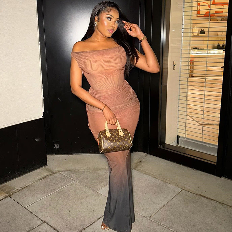 Women Elegant Gradient Colorblock Strapless Off Shoulder Dress 3