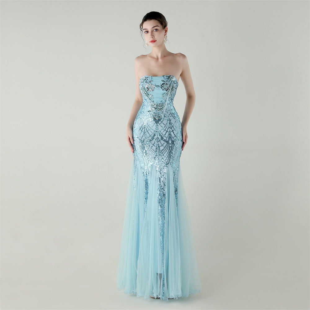 Women sequined mesh beaded tube flower Strapless fishtail skirt Formal Party evening dress 24