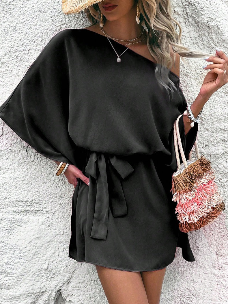 Women Satin Off-shoulder Asymmetrical Dress 19