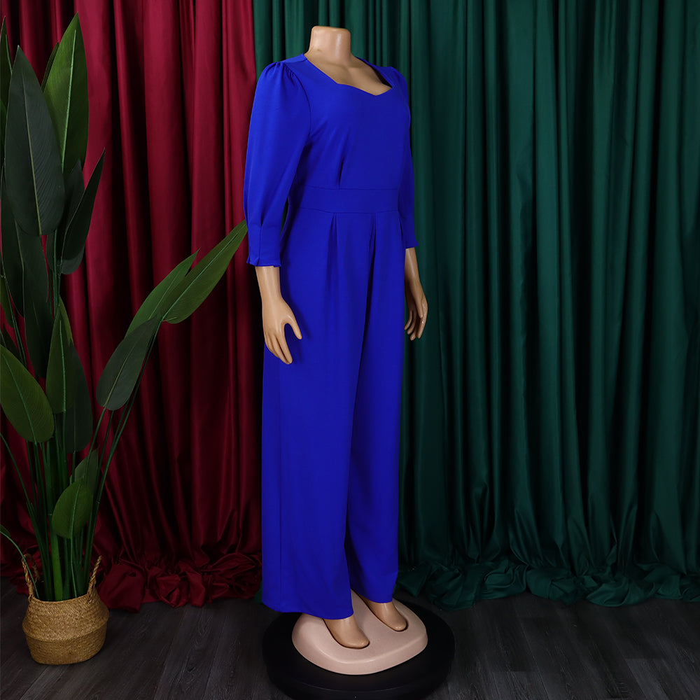 Plus Size African Women Long Sleeve Solid Loose Wide Leg Jumpsuit 21