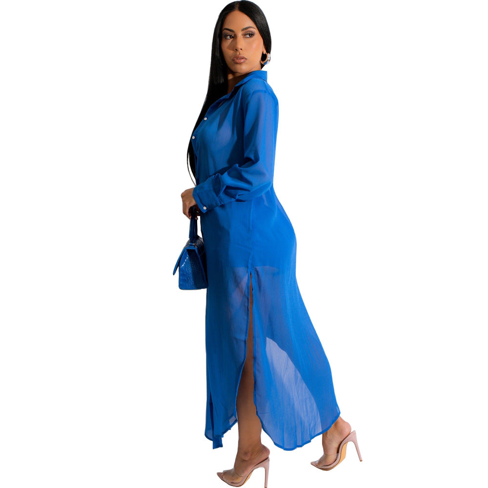 Women's Fashion Button Slit Casual Sexy See-Through Sun Protection Jacket And Shorts Two Piece Set 9