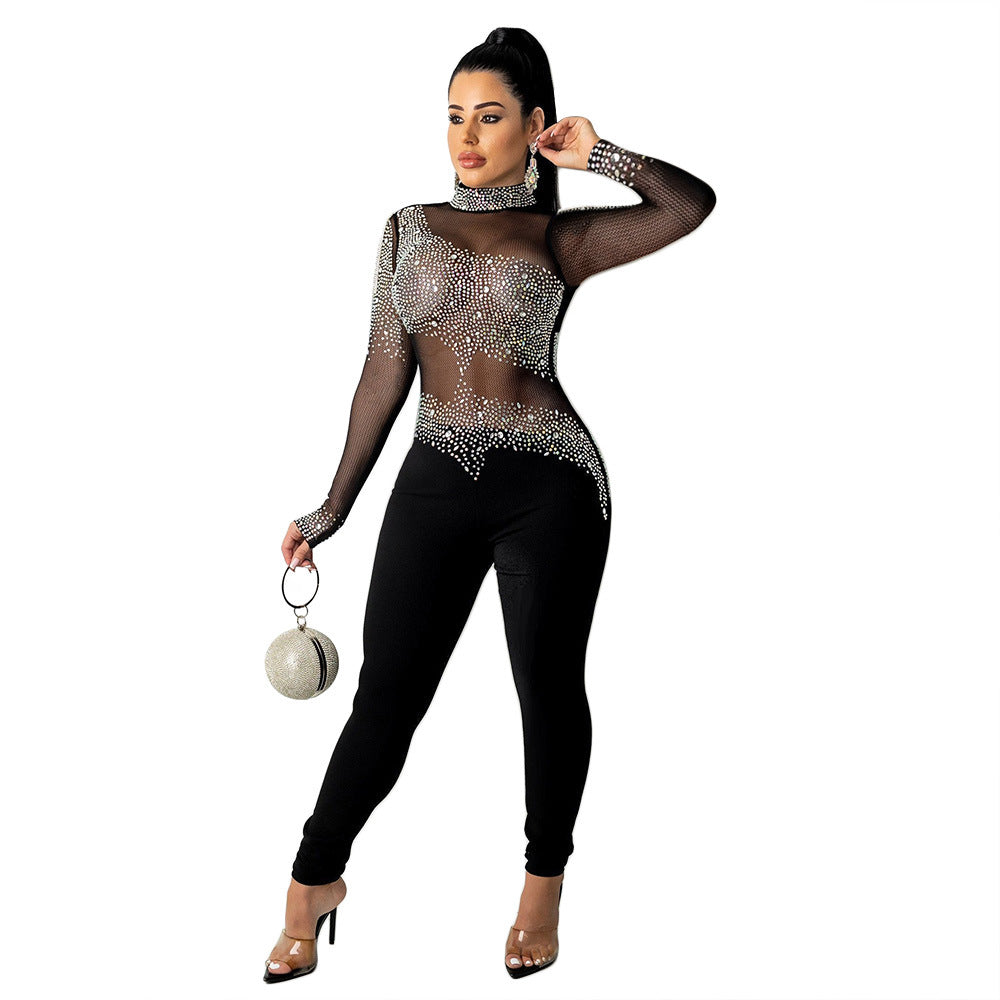 Women Sexy Mesh See-Through Beaded Long Sleeve Jumpsuit 26