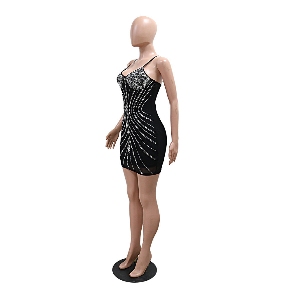 Women Solid Color Sexy Strap Bodycon Beaded Party Dress 12