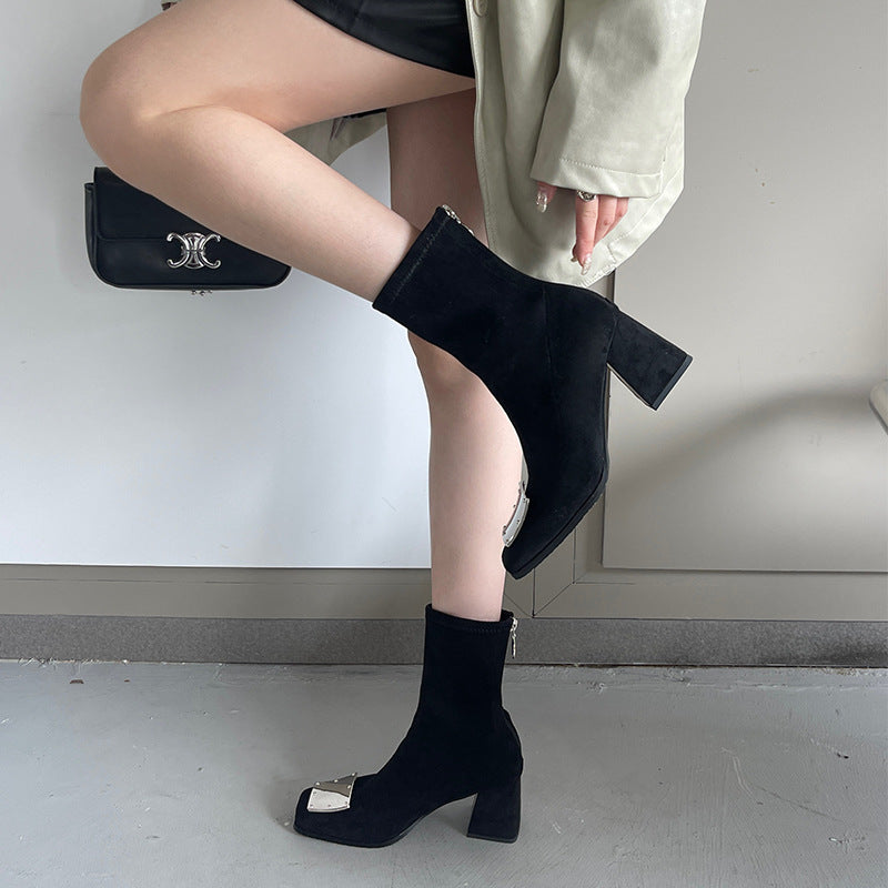 Patent Leather Square Toe Chunky Heel Short Boots for Women Autumn Suede Metal Buckle Martin Boots Back Zipper High Heel Naked Boots 6