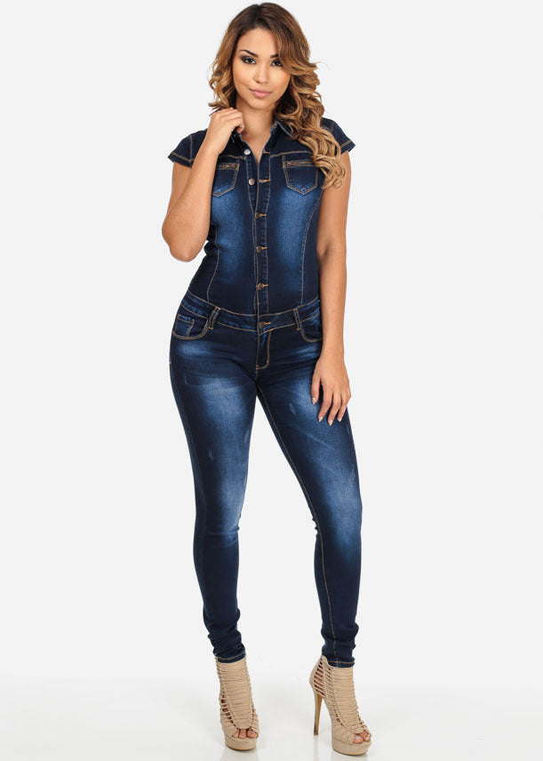 Short Sleeve Slim Fit Denim Jumpsuit 3