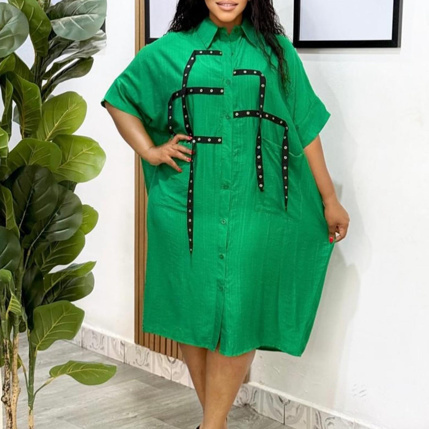 Women Short Sleeve Turndown Collar Shirt Dress 6