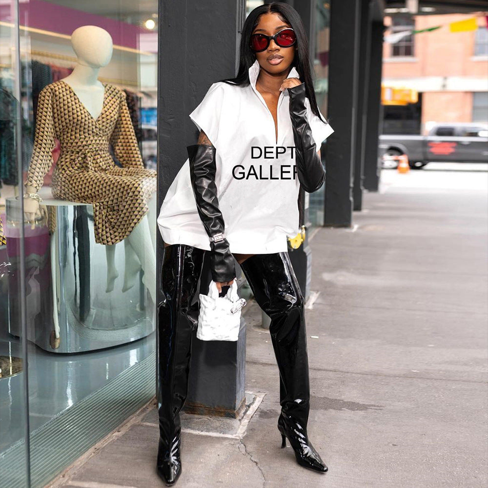 Summer Loose Zipper Printed Stand Collar Short-Sleeved Dress For Women 3