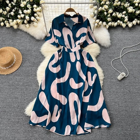 Chic Short-Sleeve Summer Holiday Slim Waist Print Dress 9