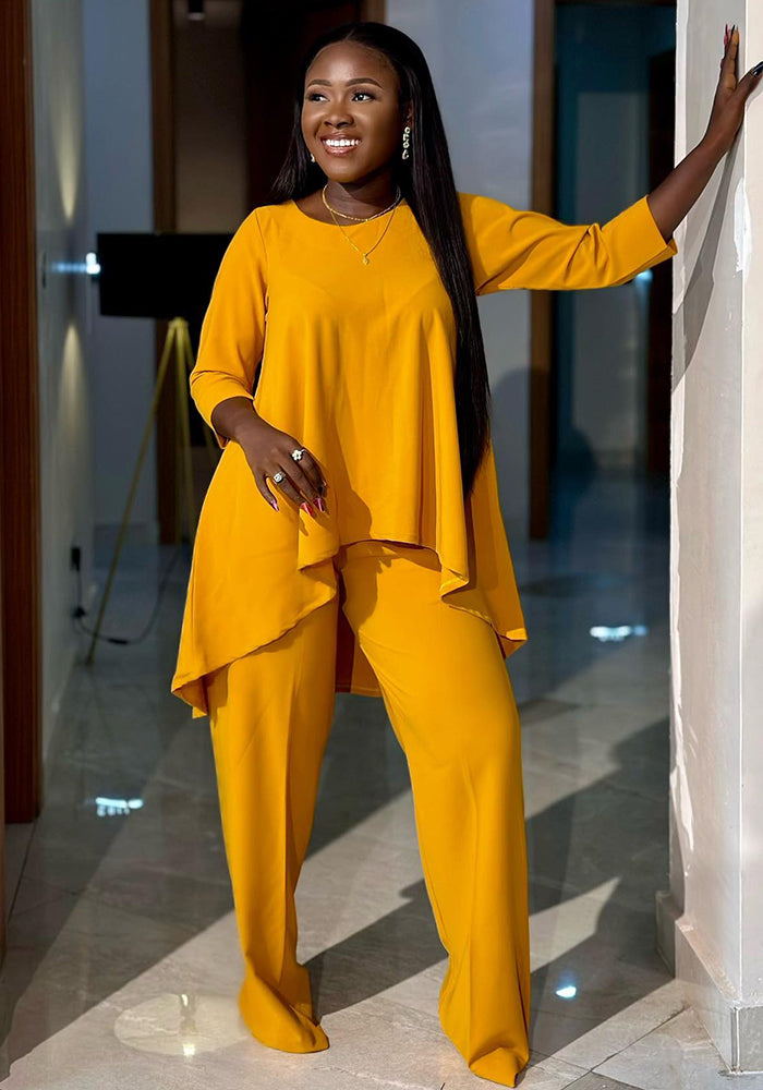 Women Irregular Hem Solid Top and Pant Two-piece Set