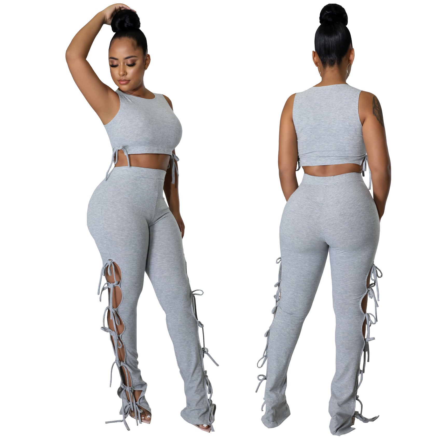 Women's Fashion Summer Style Cutout Tie Solid Color Ribbed Sleeveless Two-Piece Pants Set 9