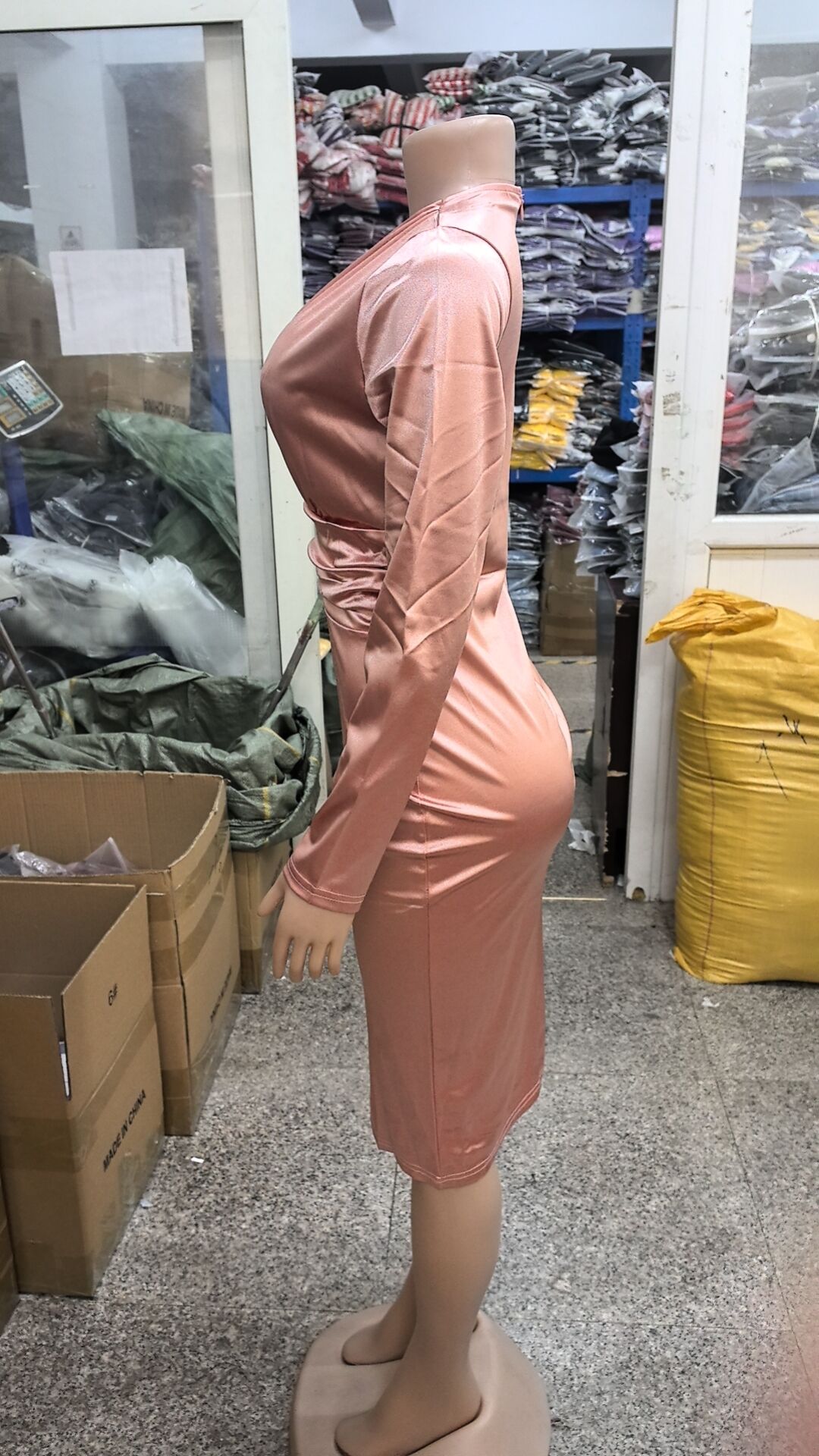 Women Sexy Solid Shiny Long Sleeve V-Neck Dress 17