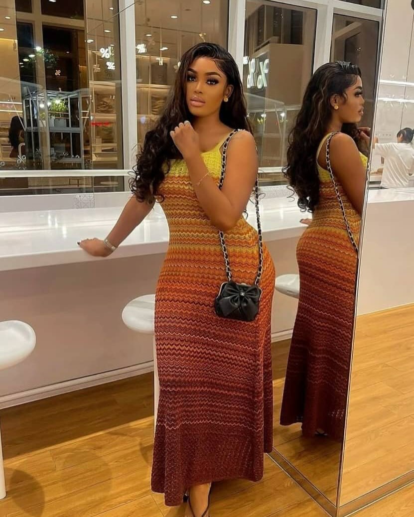 Women's Summer Strap Knitting Gradient Color Slim Bodycon Long Dress