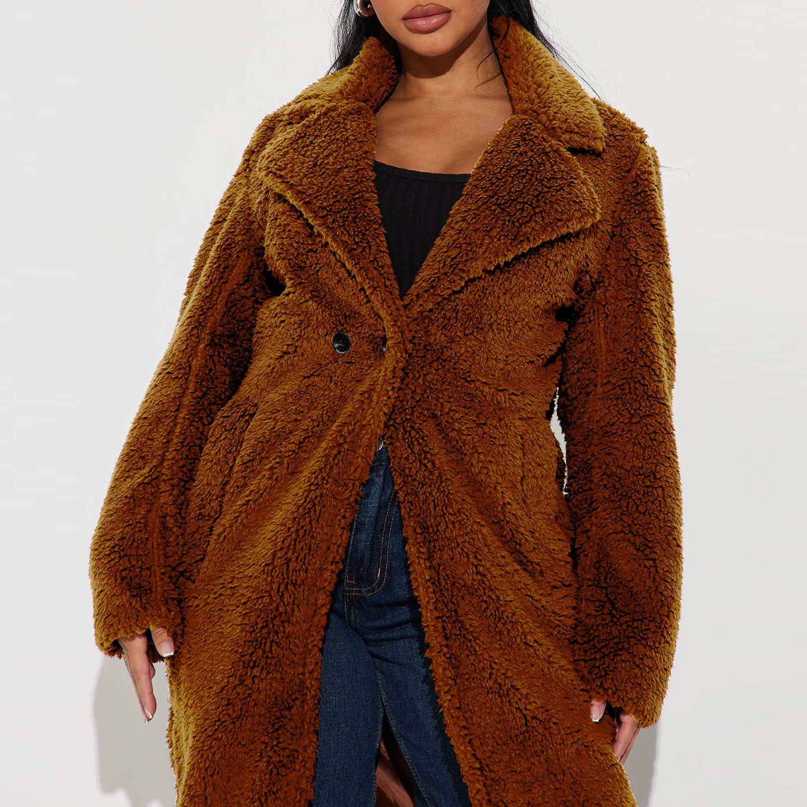 Autumn Winter Loose Faux Fur Long Trench Coat For Women 4