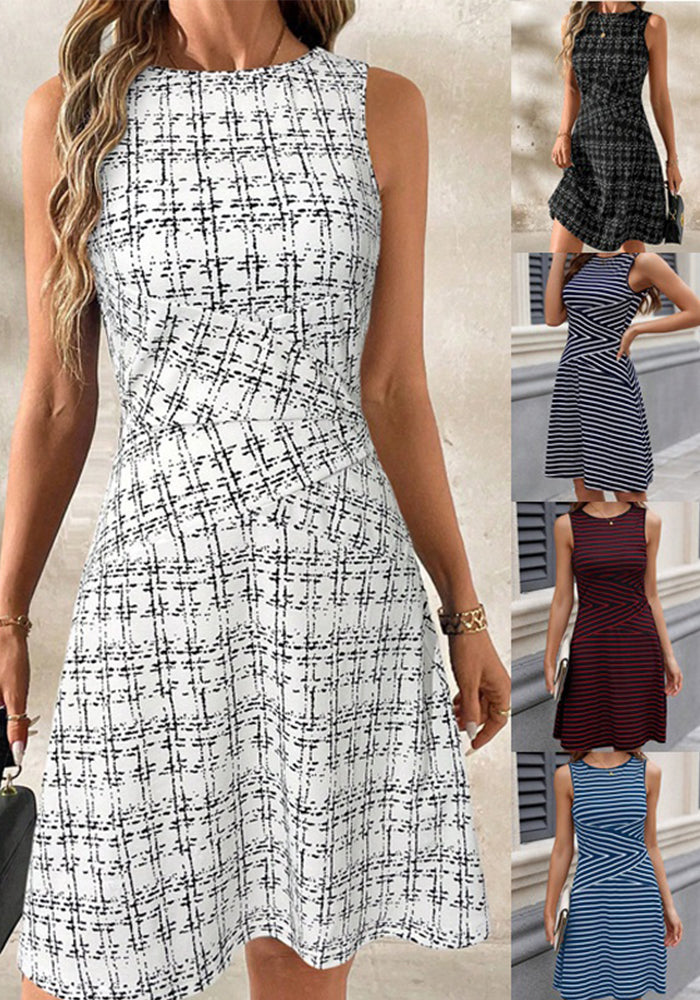 Women spring and summer striped plaid Round Neck sleeveless color matching Pleated dress
