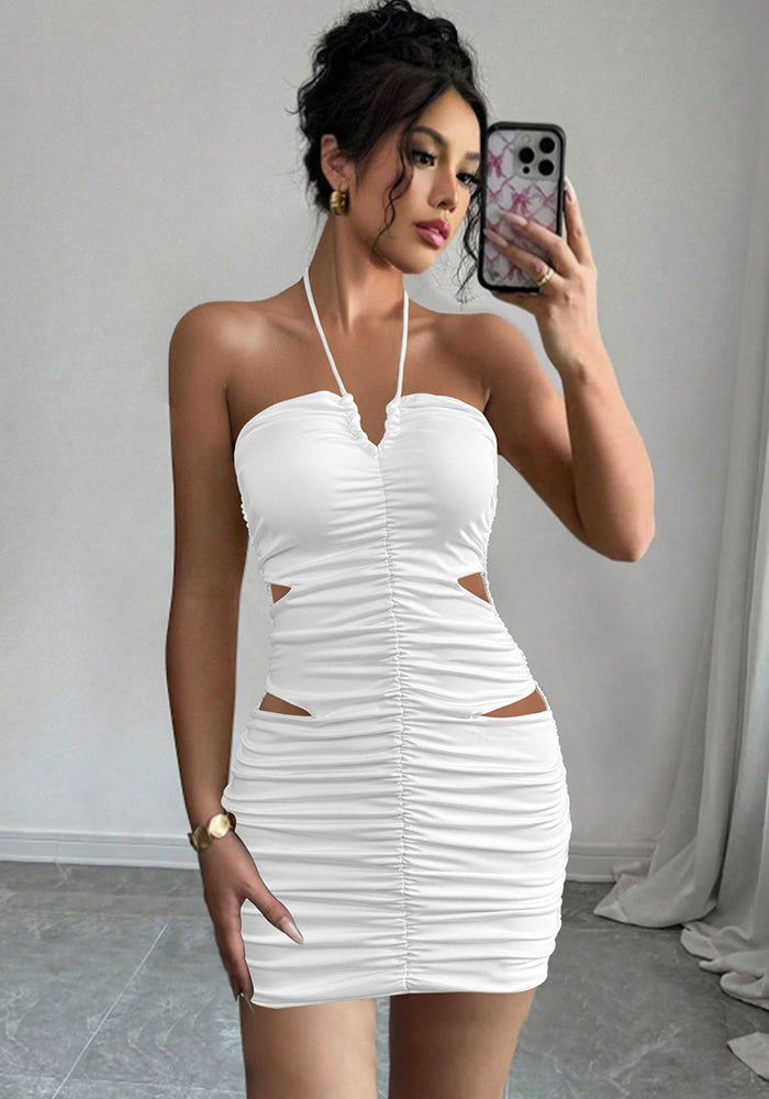Women summer pleated sleeveless Halter Neck sexy hollow bodycon dress