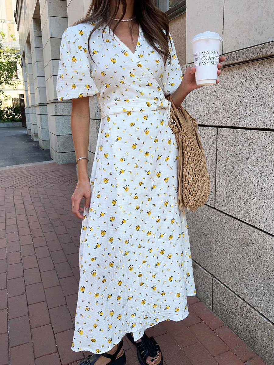 Cotton Floral Print Summer Lace-Up Bubble Sleeve Maxi Dress 3