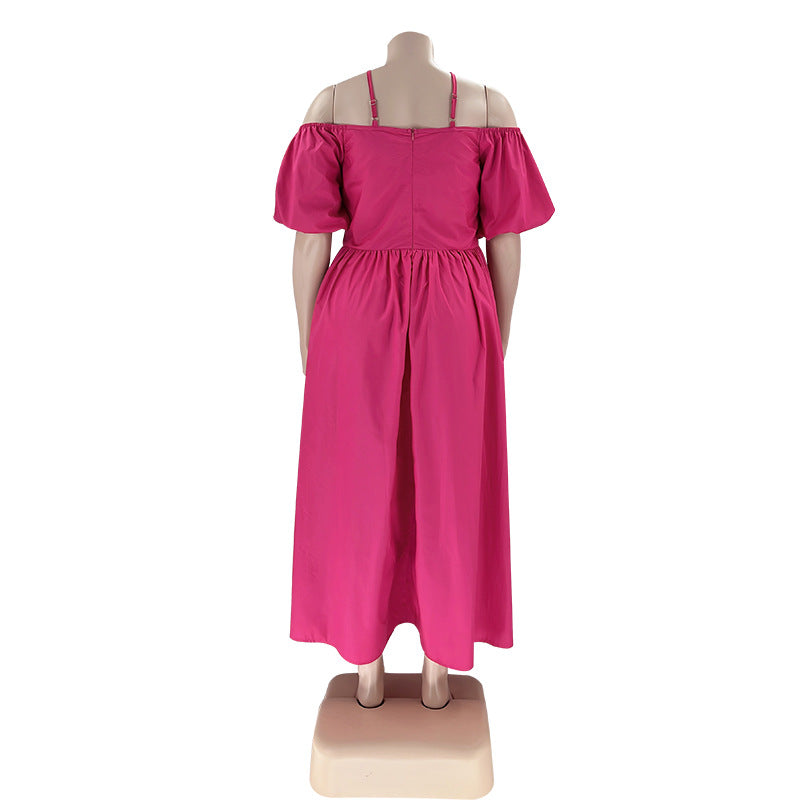 Solid Color Sexy Strapless Halter Neck Plus Size Women's Fashion Loose Short Sleeve Dress 19