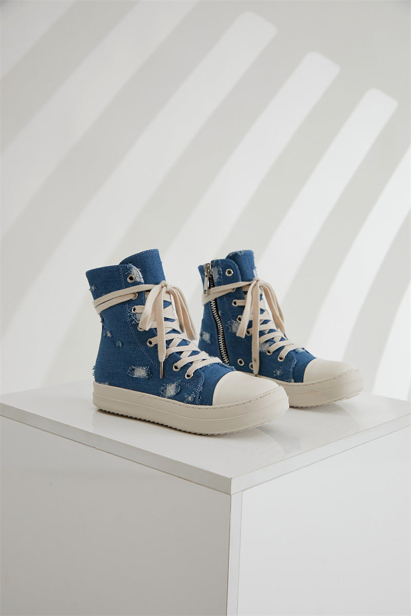 Platform Canvas Shoes Women's Washed Couple High-Top Shoes Ripped Denim Style Trendy Shoes For Men 22