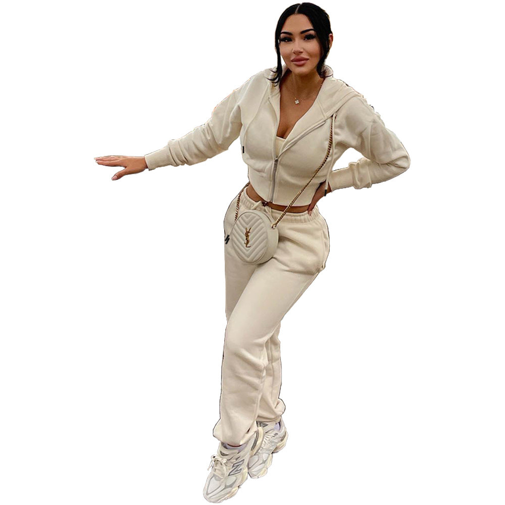 Women Solid Patchwork Ribbed Hooded Zipper Pocket Loose Jacket and Pants Two-piece Set 9