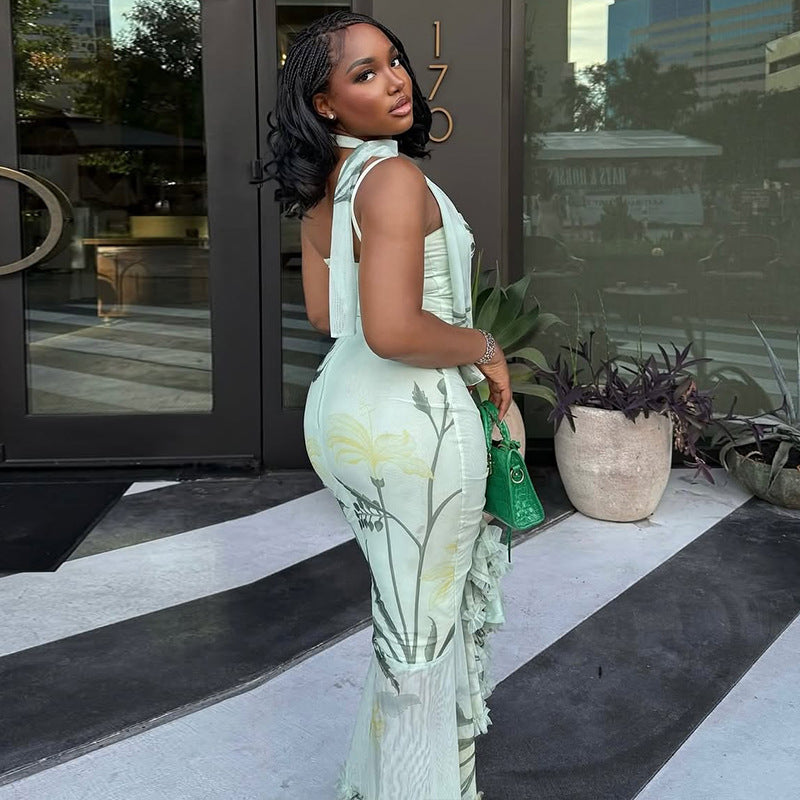 Women printed elegant ruffled Bodycon suspender sleeveless dress