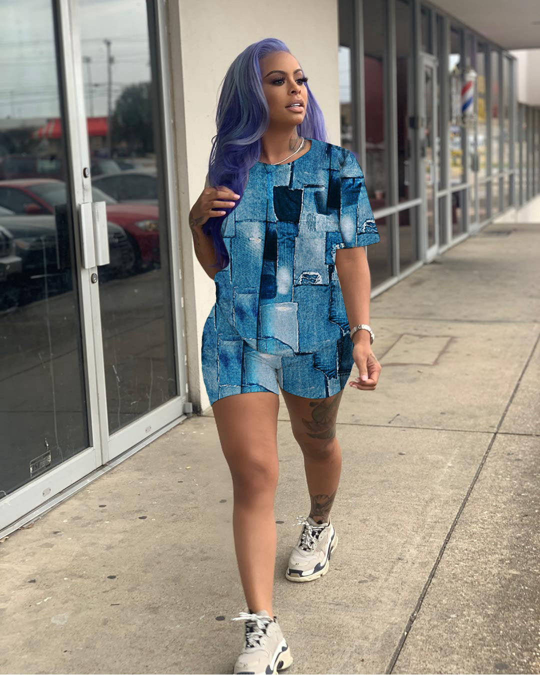 Women Casual Solid printed short-sleeved top and shorts two-piece set