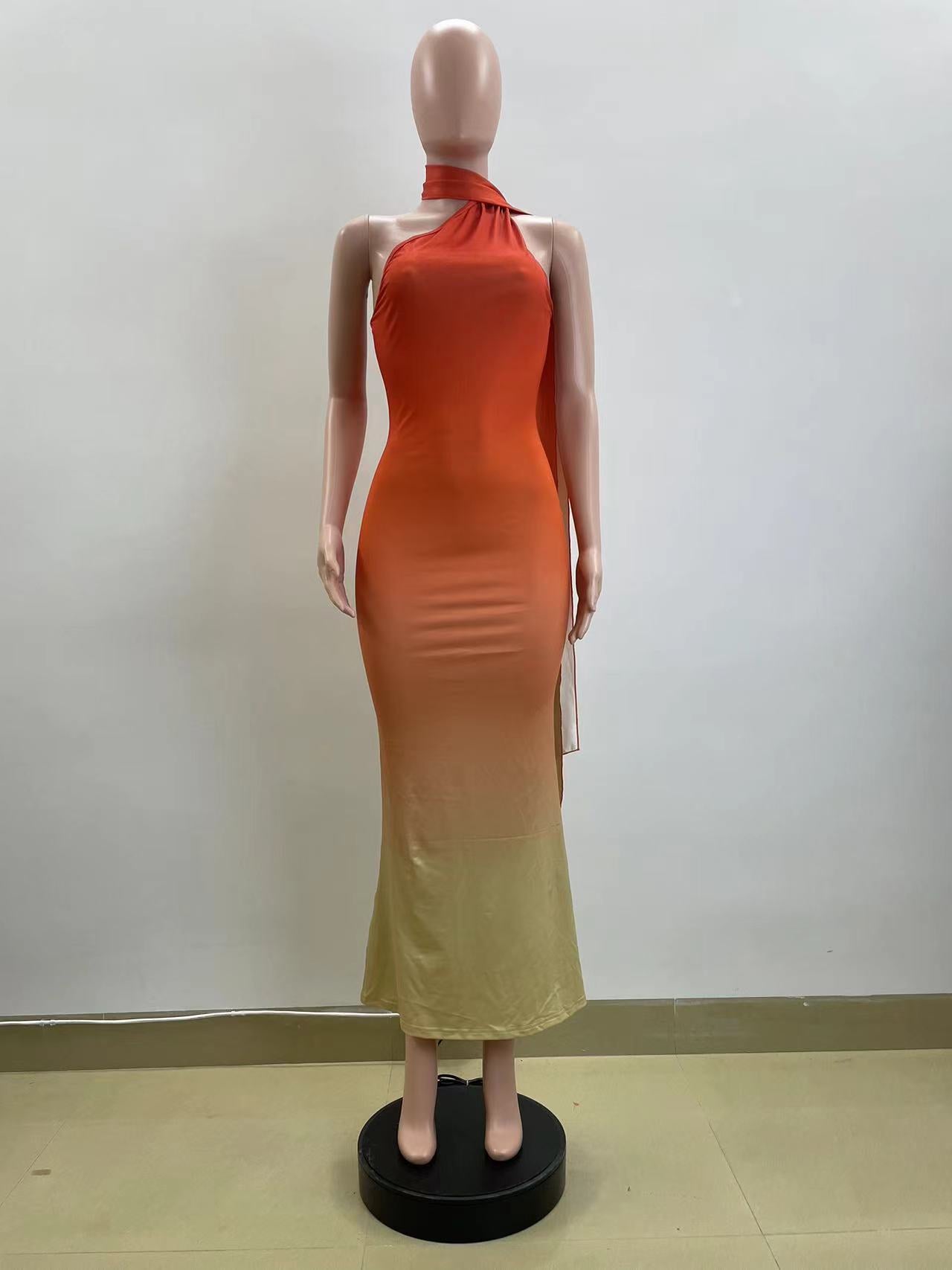 Summer Sexy Halter Neck Slash Shoulder Low Back Gradient Bodycon Dress 6