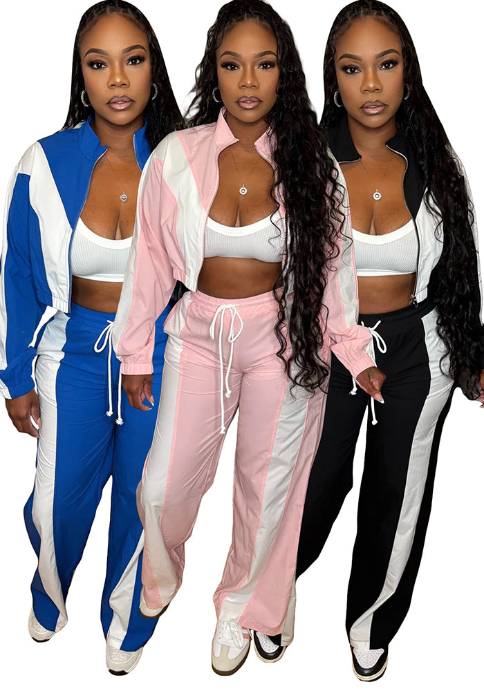 Women's Fashion Color-Blocking Zipper Cardigan Wide-Leg Drawstring Sport Pants Two-Piece Set