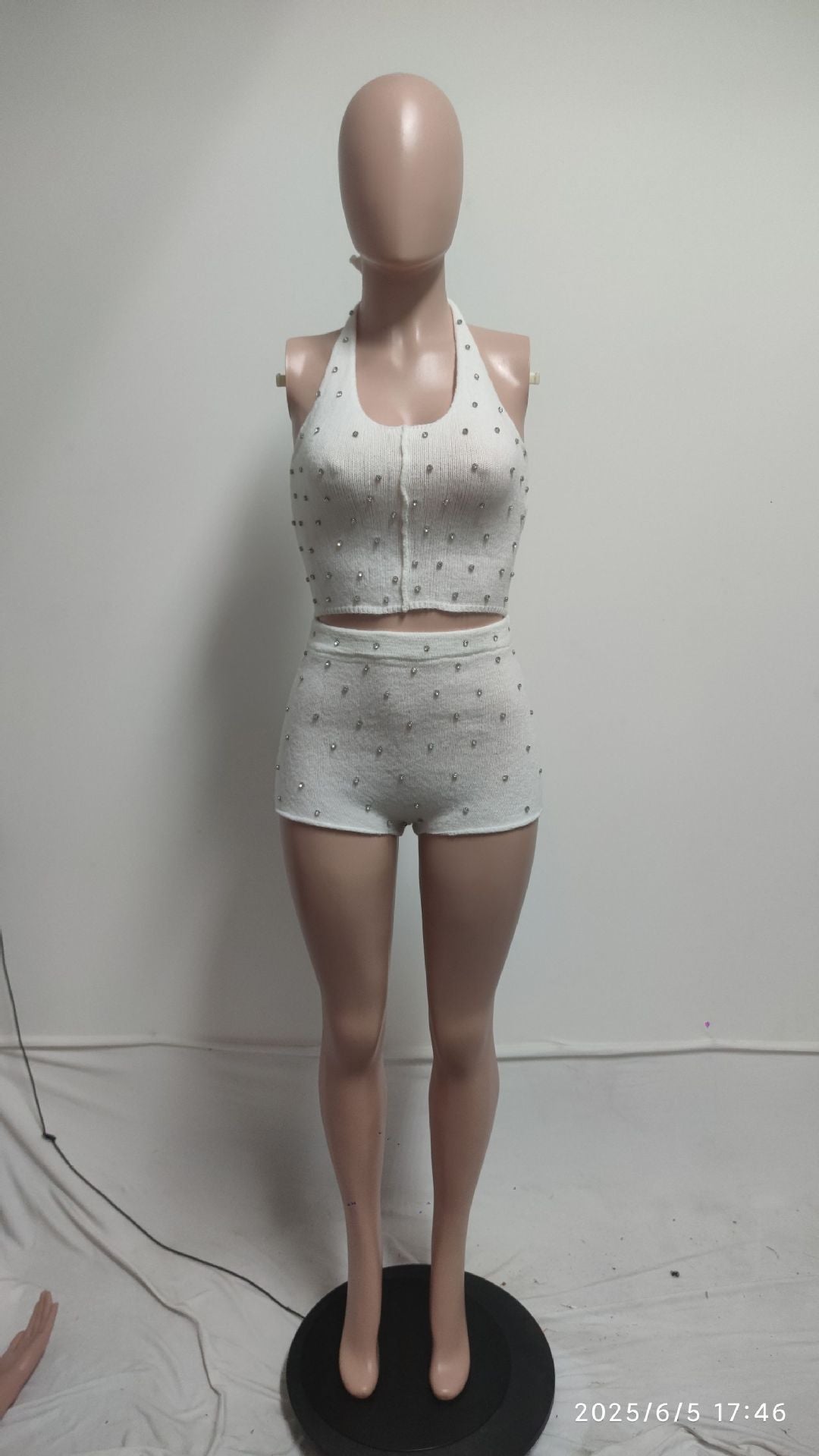 Women's Fashion Jewel-Embellished Halter Neck Top & Shorts Set 6