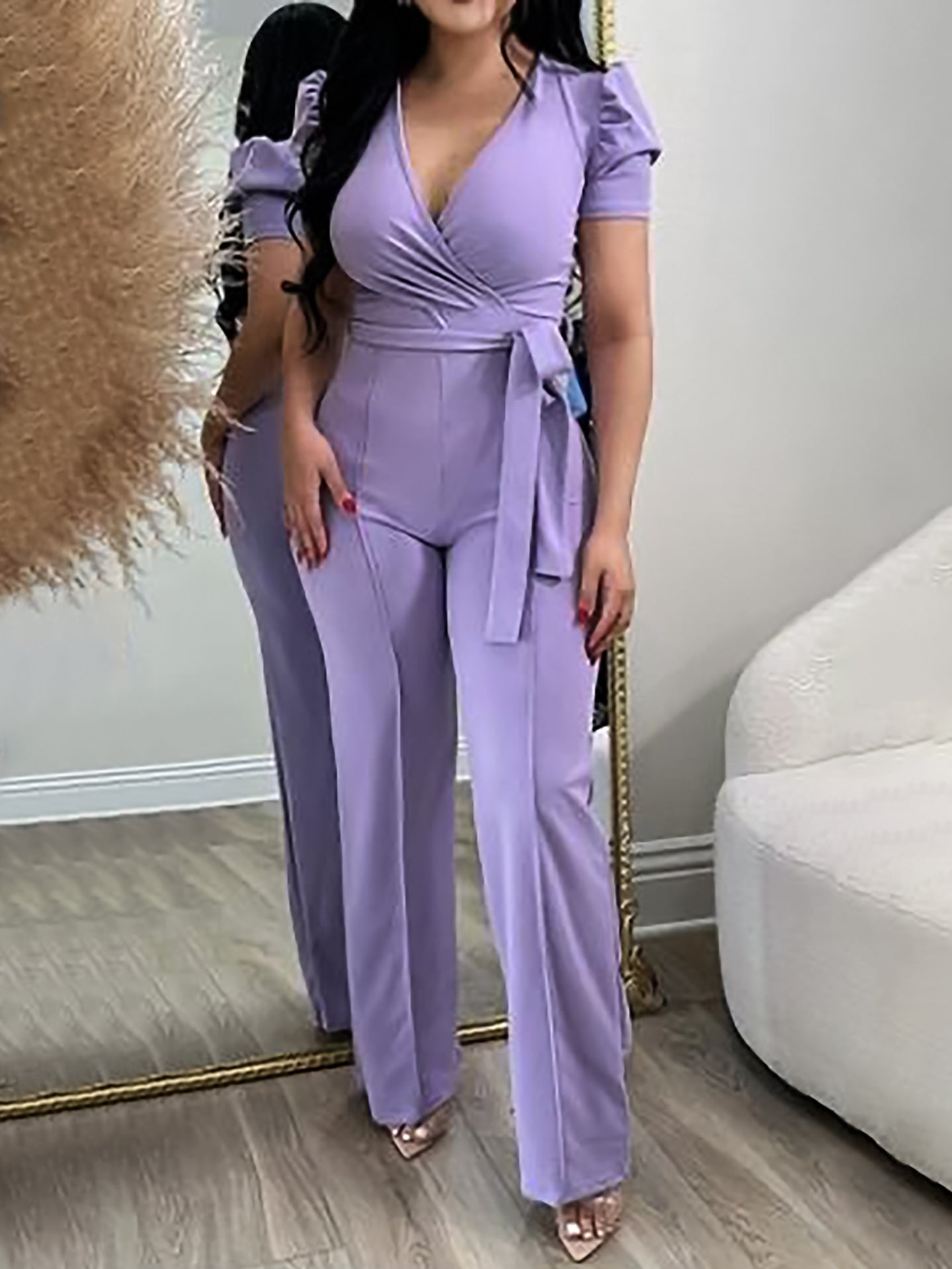 Women V-neck Chic Short Sleeve Jumpsuit 3