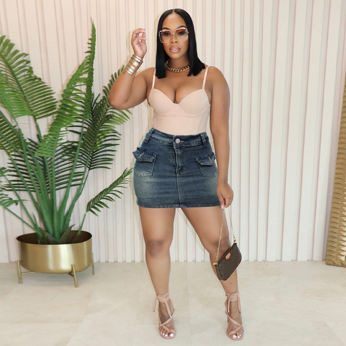 Washed Pocket Slim Women Denim Skirt 4