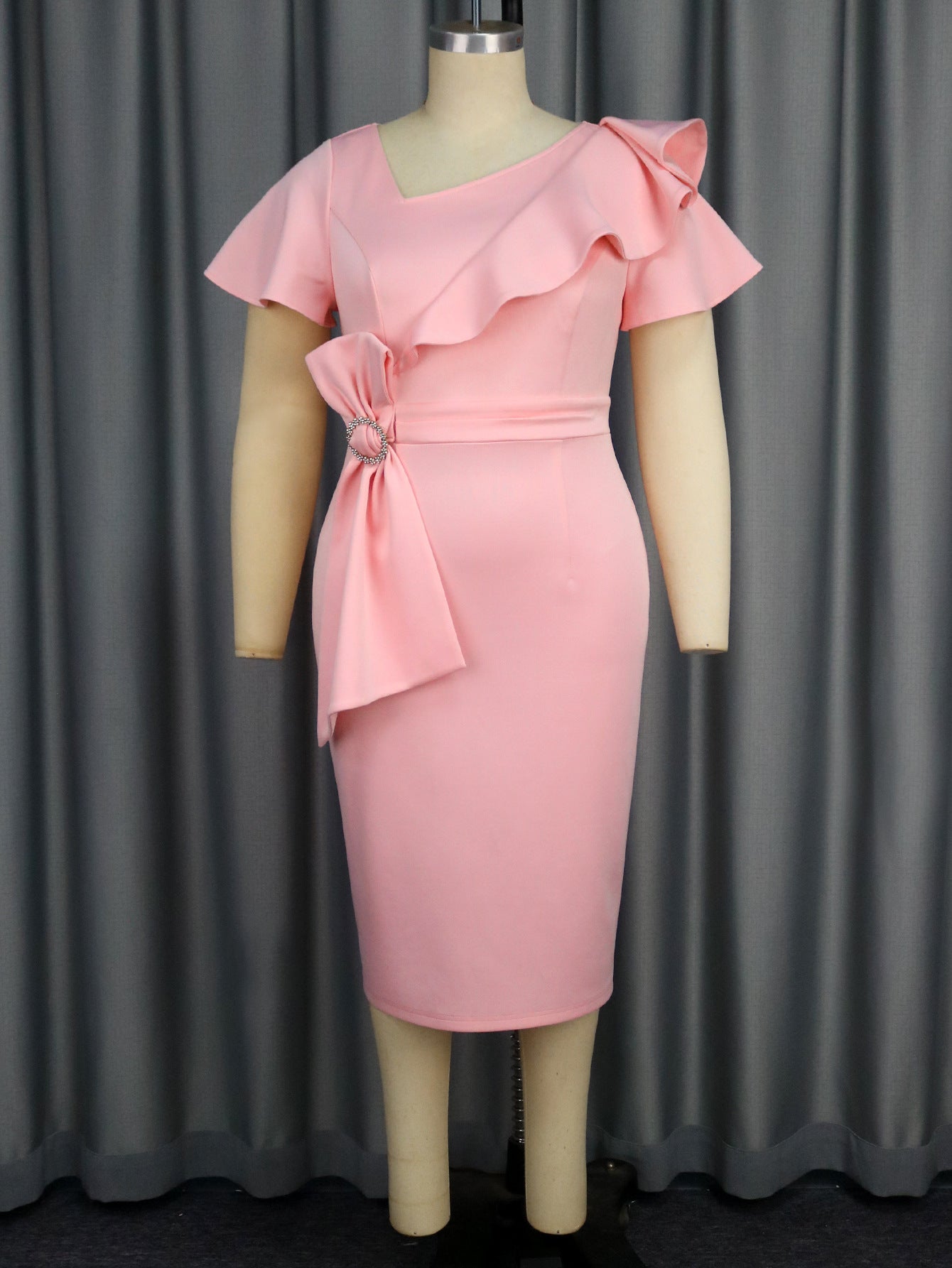 Asymmetric Neckline Ruffle Elegant Bodycon Party Dress 3