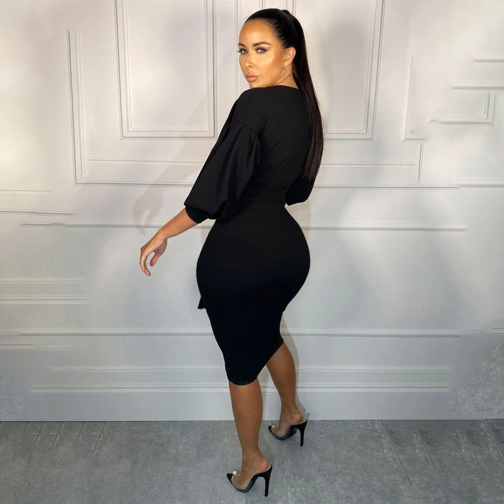 Women Sexy Elegant Lantern Sleeve Solid V Neck Off Shoulder Half Dress