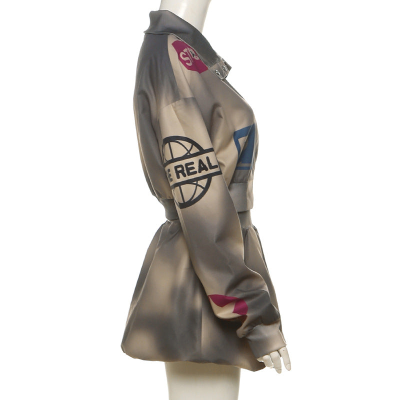 Autumn Women's Print Long-Sleeved Top Bodycon Short Skirt Two Piece Set 9