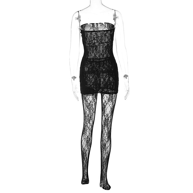 Women's summer lace sexy See-Through wrap bust dress trousers two-piece set 14