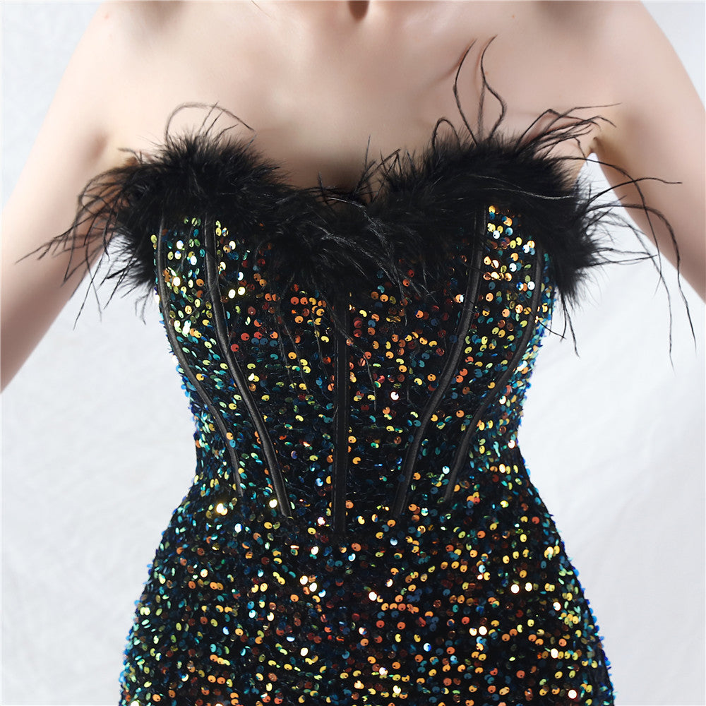 Women palace fishbone vest-ordered ostrich plush bottom sequined evening dress 31