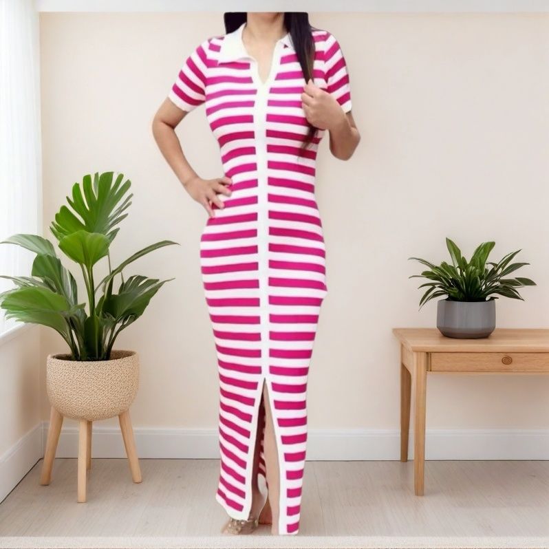 Women Summer Contrast Striped Knitted Slit Bodycon Dress 3