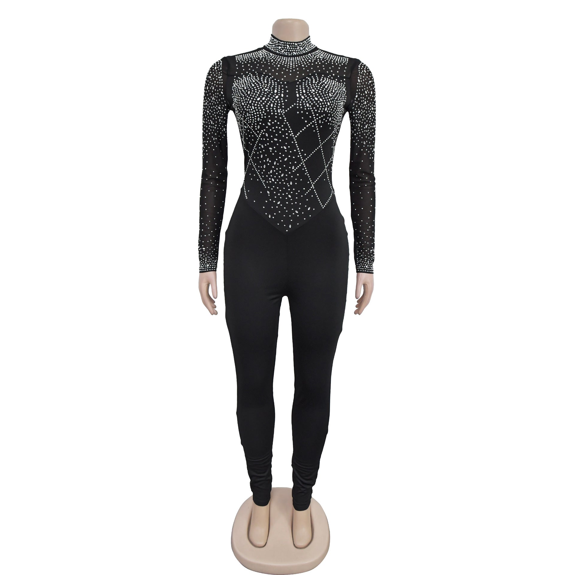 Fashionable Women's Slim Mesh Beaded Long-Sleeved Jumpsuit 13