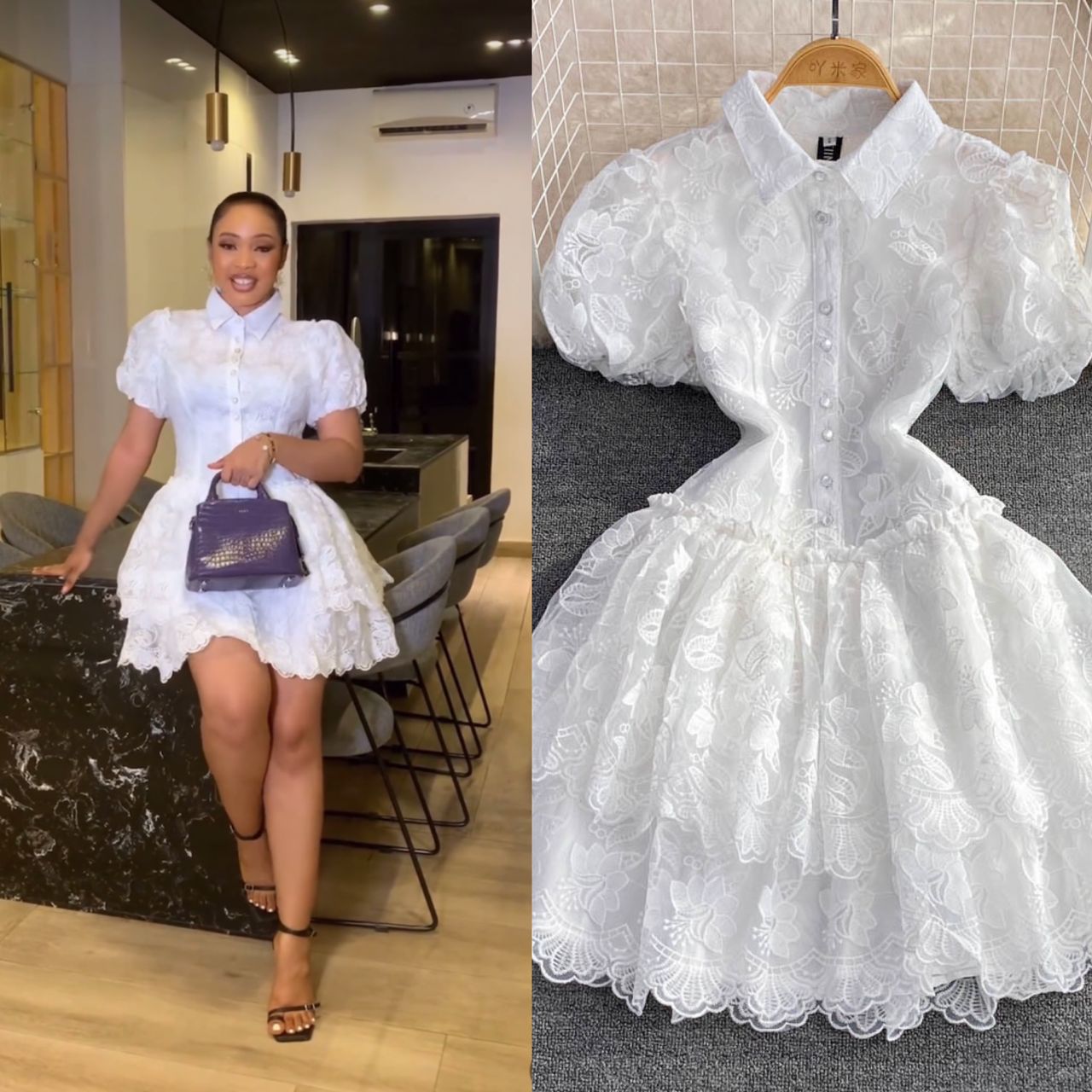 Summer Chic Elegant Turndown Collar Single-Breasted White Lace Embroidery A-Line Layer Dress