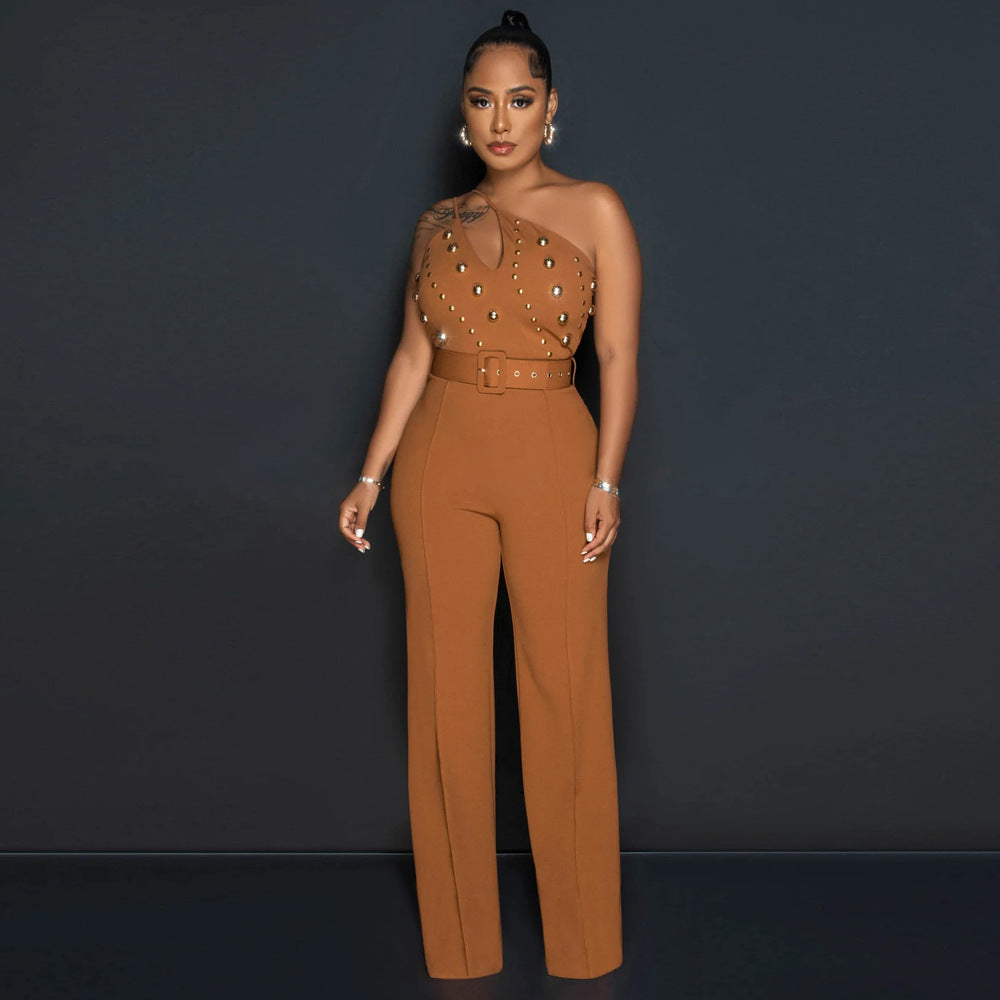 Women's Style Fashionable Solid Color Jumpsuit Slim One Shoulder One Piece Wide Leg Pants 19