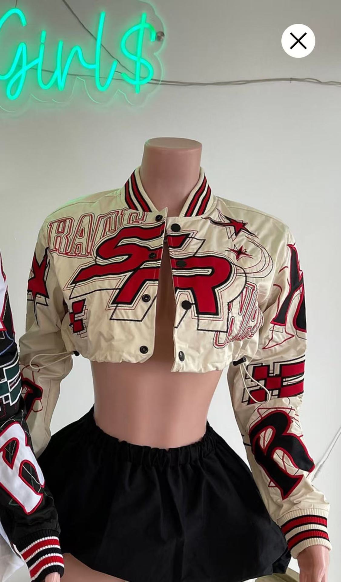 Fashionable American Embroidery Ribbed Short Long Sleeve Single Breasted Baseball Jacket 3