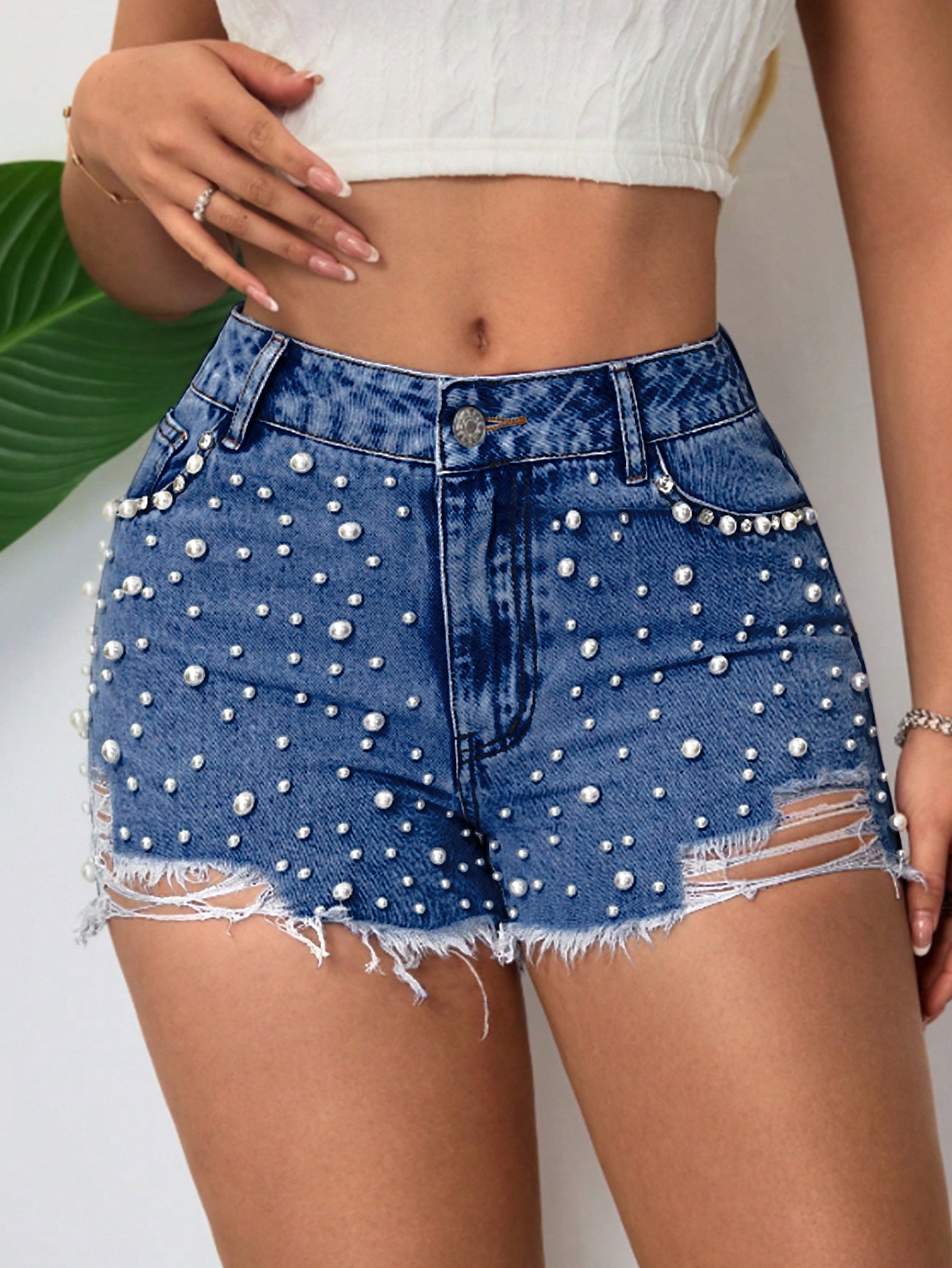 Women's Pearl-Embellished Fashion Denim Shorts 7