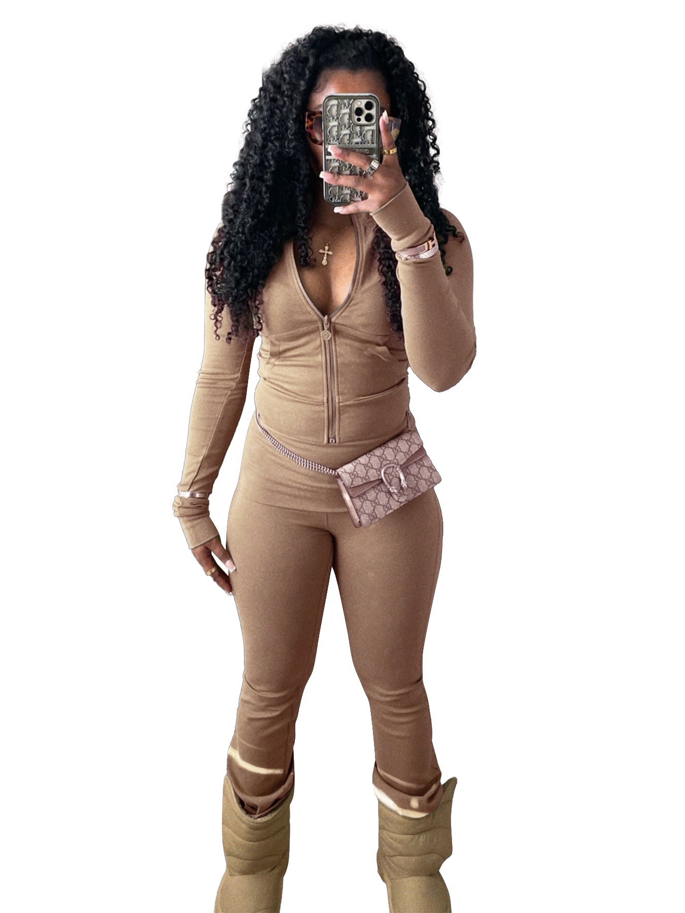 Women Sports Casual Zipper Top and Bell Bottom Pants Two-piece Set 9